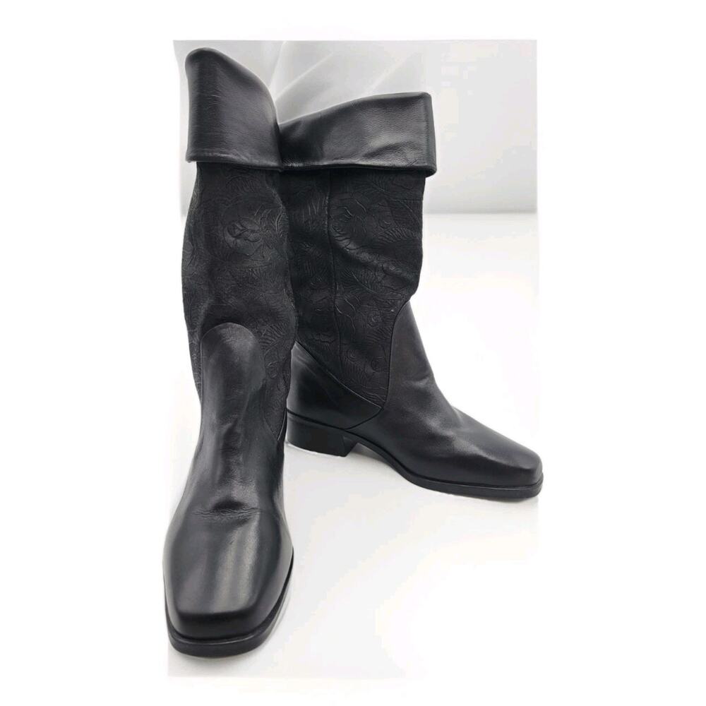 Markon Suela Floral Rose Embossed Suede Leather Boots Women's Sz 8W Mid-Calf